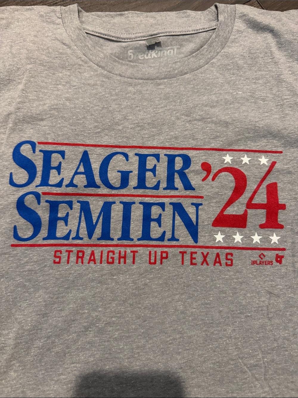 Fanatics Gray Seager Semien '24 Graphic Tee with Blue and Red Print